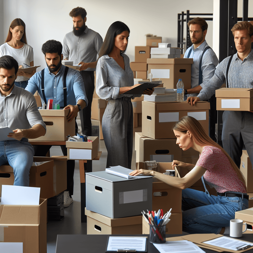 Mudanzas de oficina con personal organizando el traslado y cajas etiquetadas