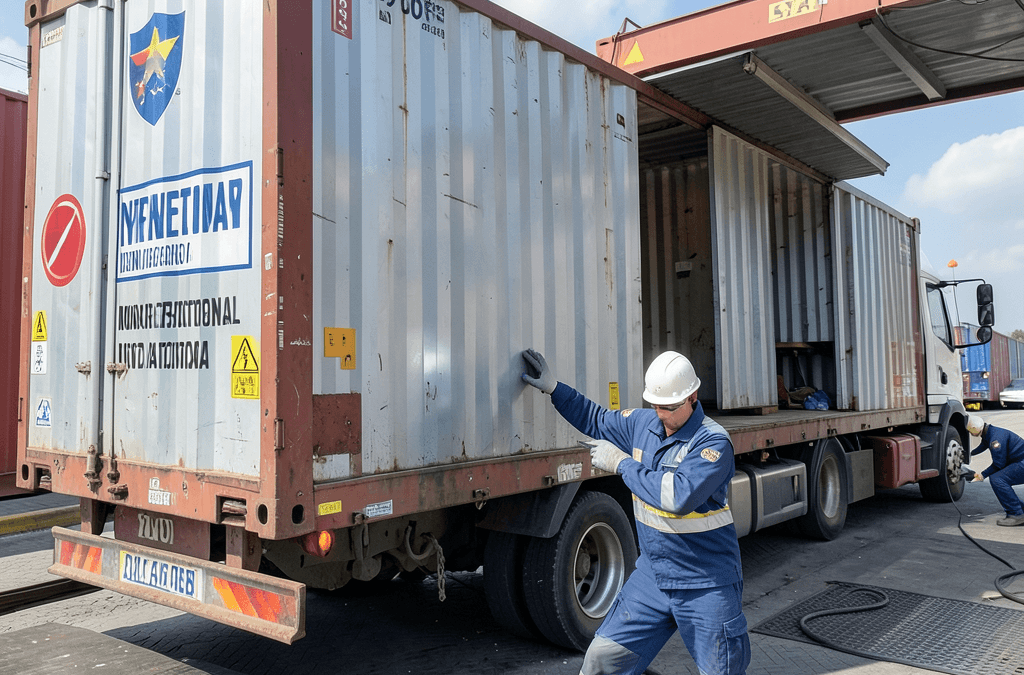 Contenedor de mudanza internacional en un puerto comercial