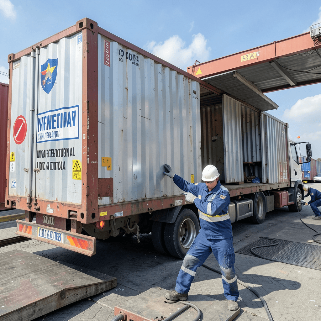 Contenedor de mudanza internacional en un puerto comercial