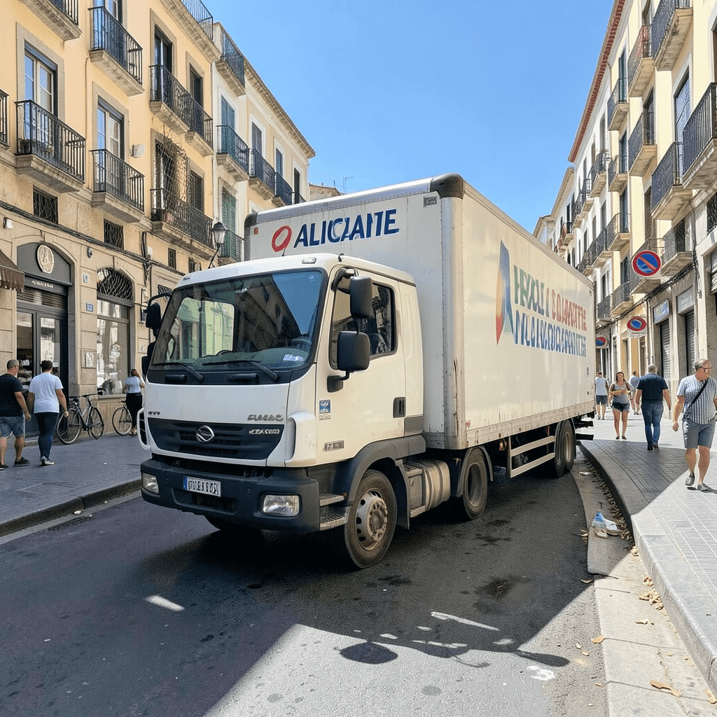 Un camión de mudanzas estacionado en una calle céntrica de Alicante durante una jornada soleada de trabajo. Camión de mudanzas profesional operando en las calles de Alicante