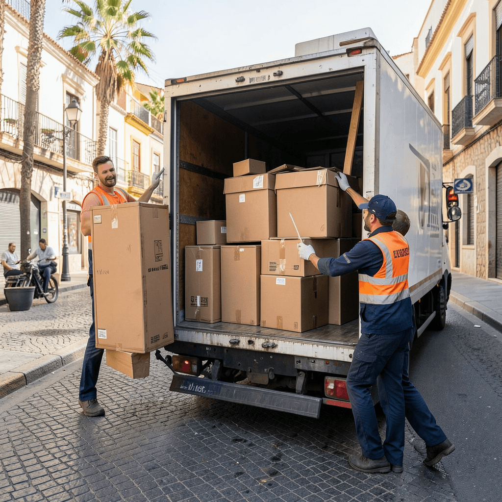 Un equipo de mudanzas profesional cargando muebles de forma segura en un camión en las calles de Alicante. Equipo de mudanza profesional realizando un traslado seguro en Alicante.