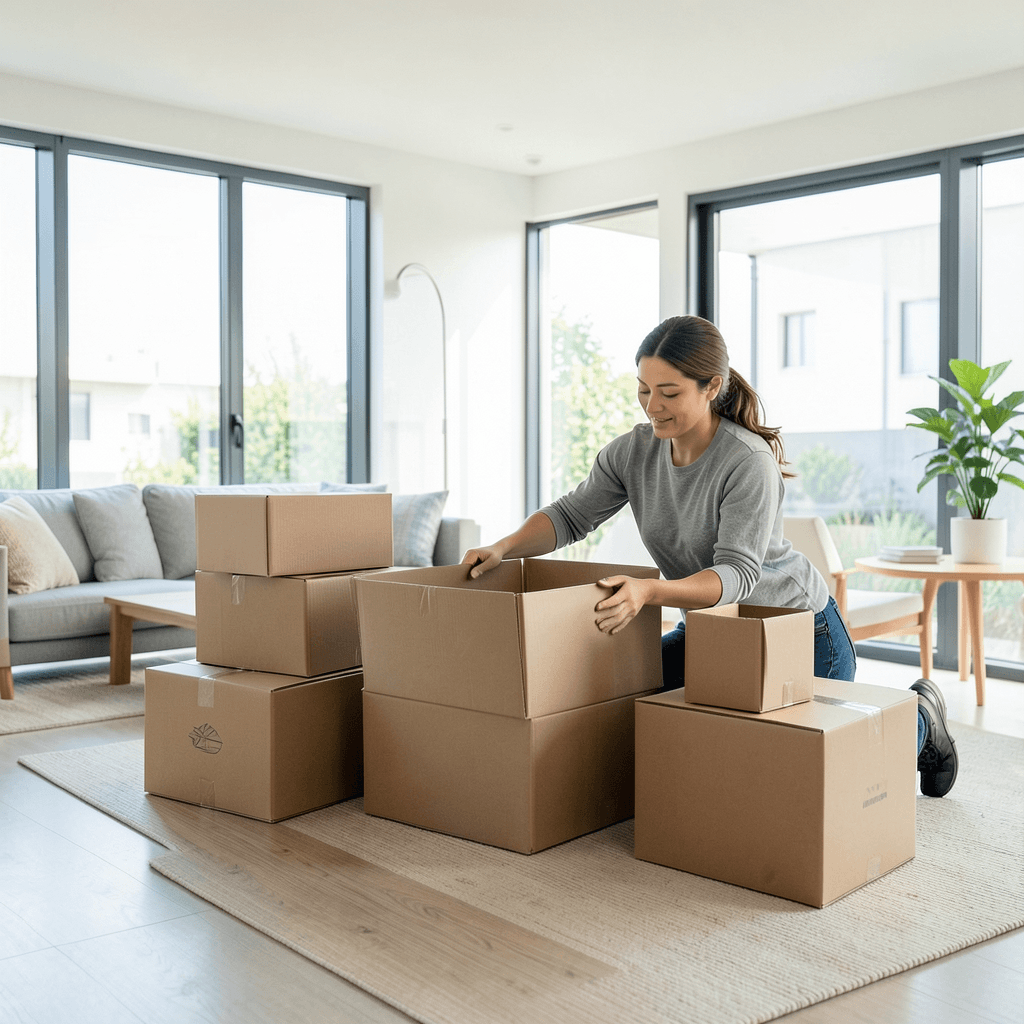 Persona organizando cajas de cartón en un salón moderno y luminoso para una mudanza sin estrés. checklist definitivo para una mudanza sin estrés