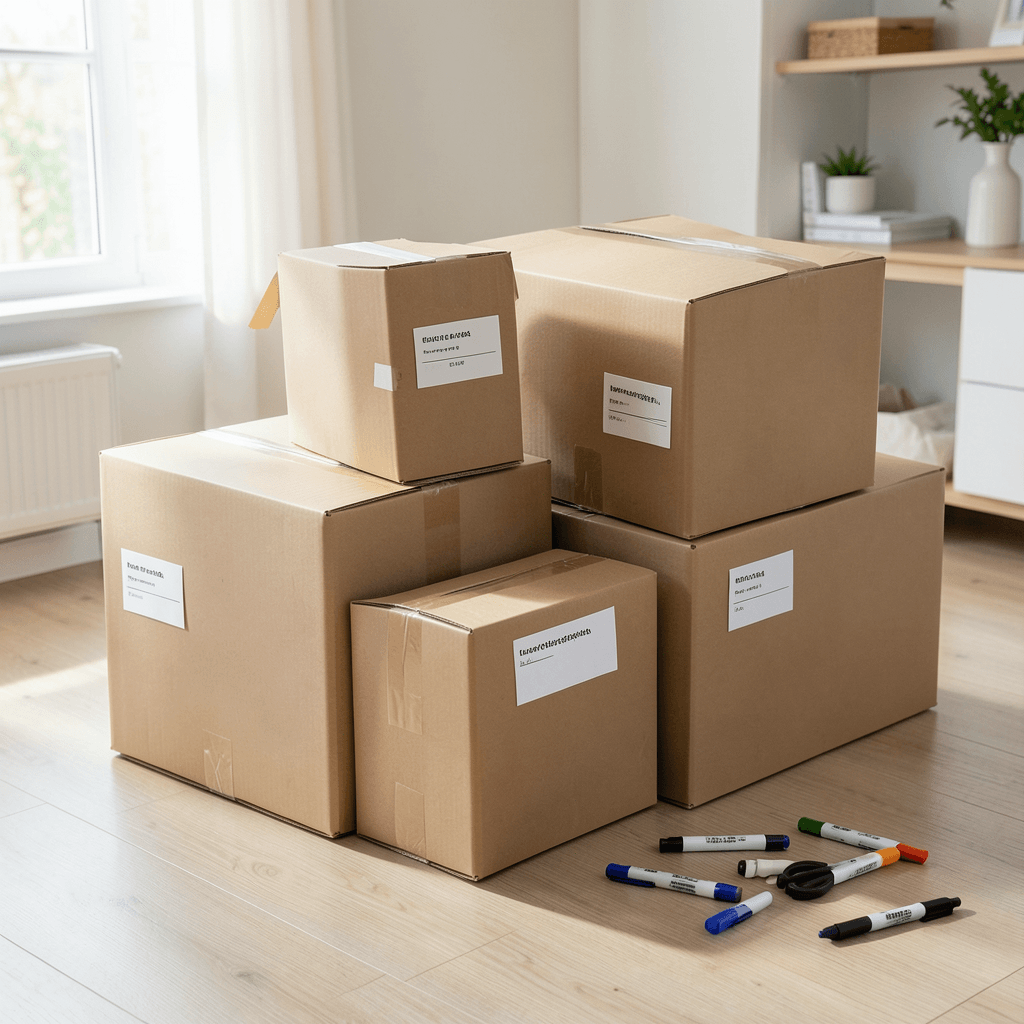 Cajas de mudanza organizadas y etiquetadas correctamente para evitar errores