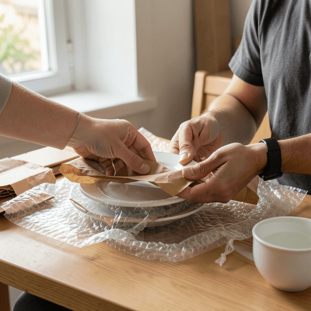 Realistic photograph of a person carefully wrapping delicate ceramic plates with kraft paper and bubble wrap on a clean wooden table, warm natural lighting from a window, medium shot showing organized packing materials around, professional quality Cómo embalar objetos frágiles de forma segura con materiales profesionales