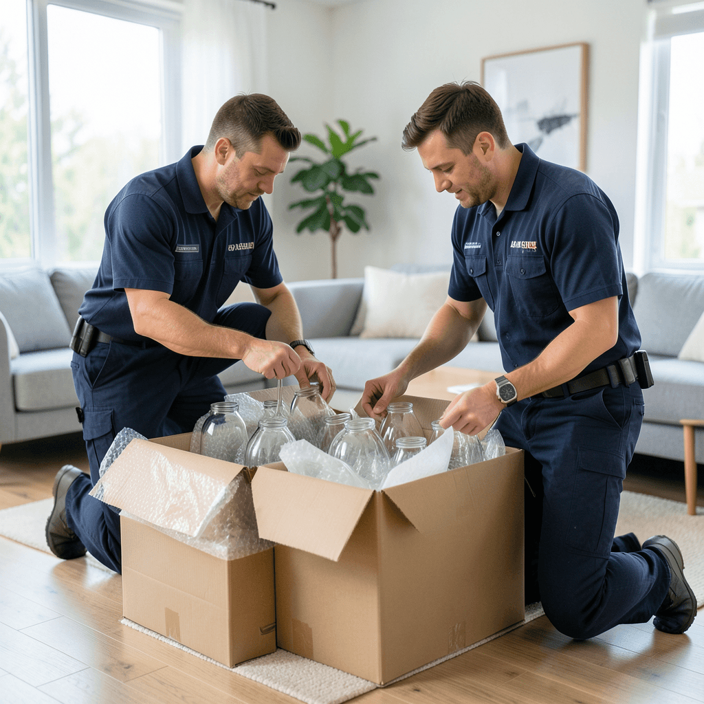 Profesionales realizando el proceso de como funciona una mudanza con embalaje completo en un hogar