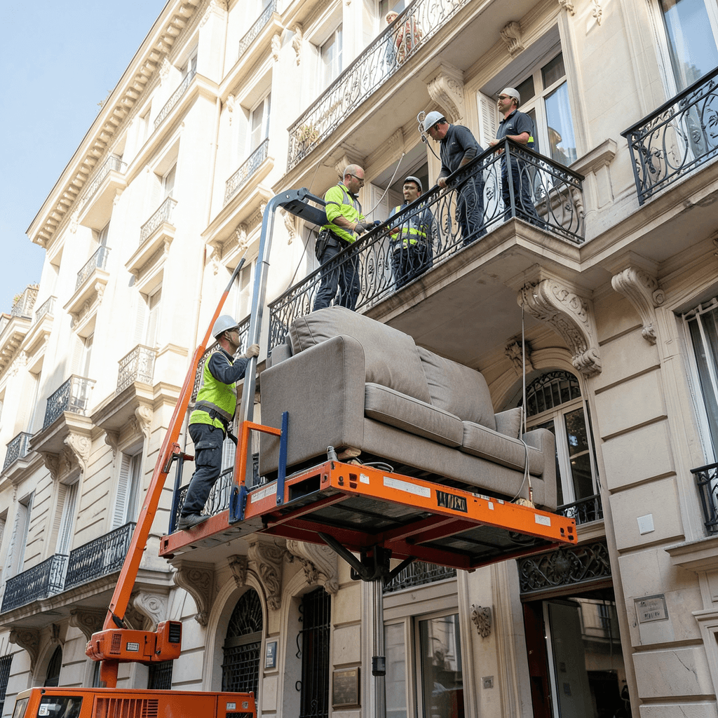 Realistic photograph of professional movers using a furniture hoist platform attached to the exterior of a classic European apartment building to lift a large sofa to a third-floor balcony, bright daylight, low angle shot, professional equipment, urban setting Plataforma elevadora para realizar mudanzas en pisos sin ascensor y soluciones practicas