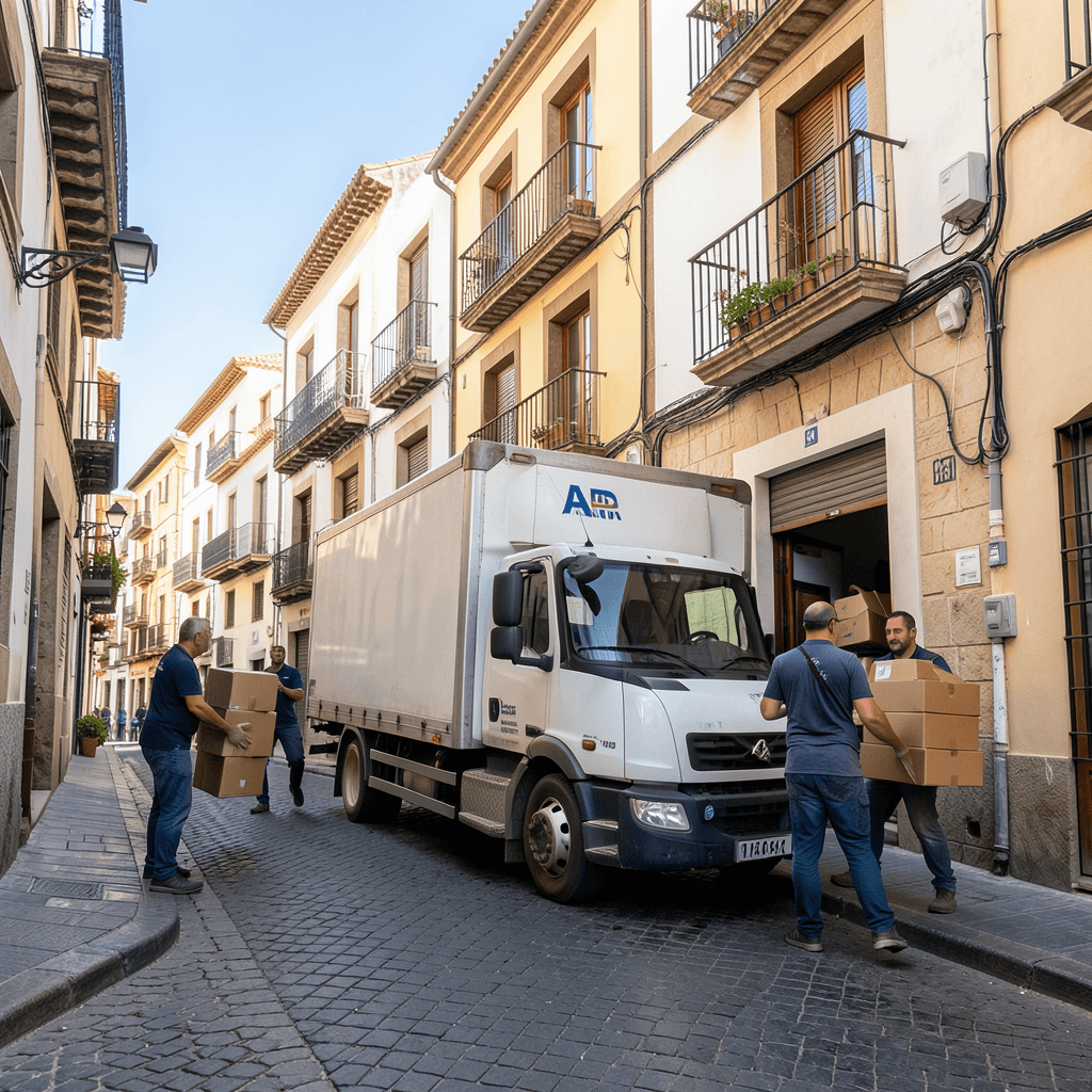 Realistic photograph of a professional moving truck parked in a narrow street of Alicante city center, movers carrying cardboard boxes into a traditional building, bright daylight, urban Mediterranean architecture, professional quality, wide shot. Camión de mudanzas en Alicante centro y permisos de estacionamiento aplicados