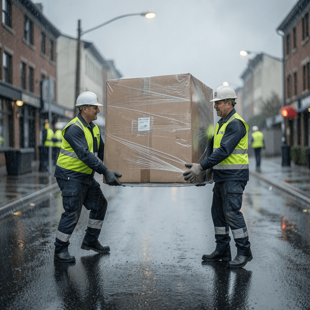 Equipo profesional protegiendo muebles para saber como organizar una mudanza en dias de lluvia