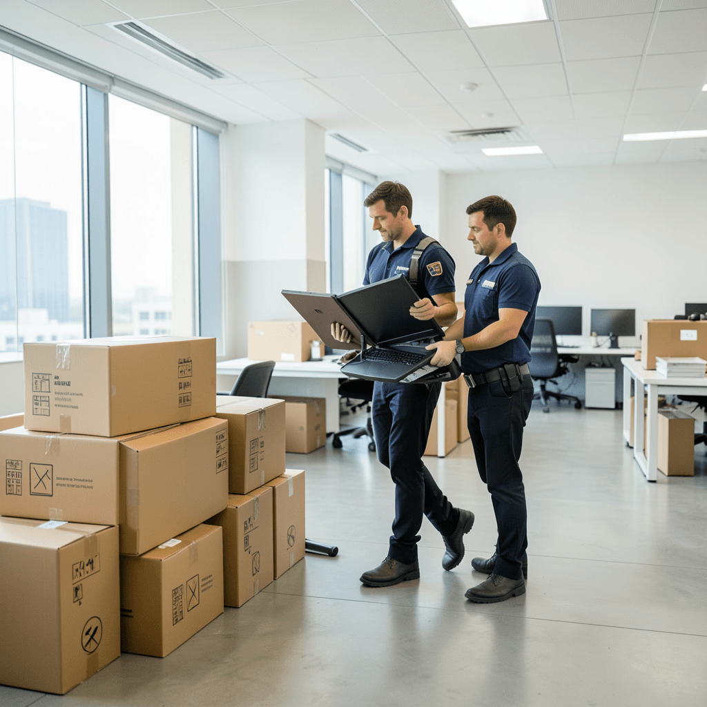 Realistic photograph of a professional office relocation in progress, showing a clean modern office environment with high-quality cardboard boxes neatly labeled, a professional mover in uniform carefully carrying a packed computer monitor, bright natural lighting from large windows, wide angle shot, corporate and organized atmosphere Profesionales realizando mudanzas para oficinas en Alicante y planificacion profesional de equipos