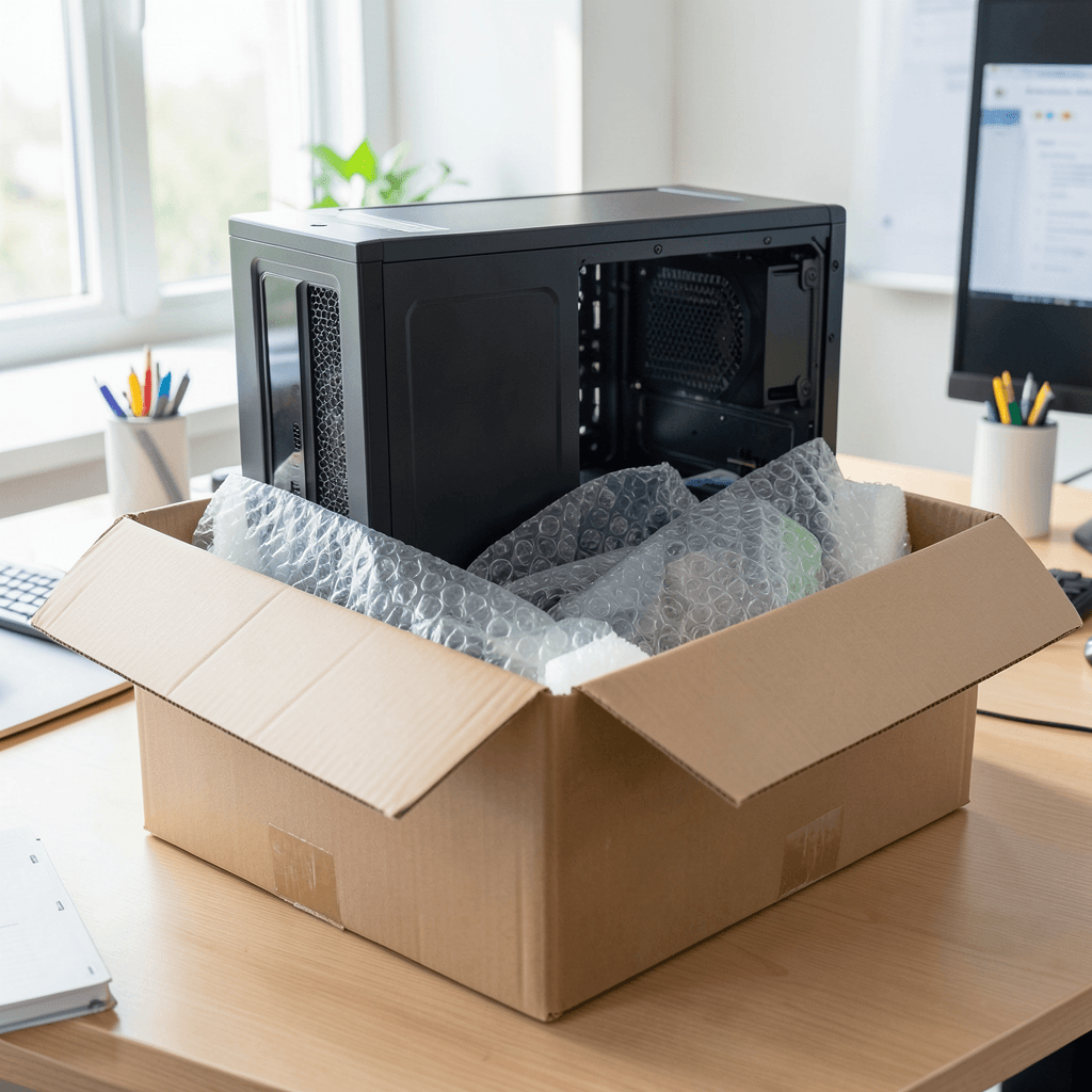 Realistic photograph of a professional workspace where a desktop computer tower is being carefully packed into a heavy-duty cardboard box with anti-static bubble wrap and foam inserts, bright natural light, side view, professional quality, clear focus on the packing materials. Proceso de embalaje profesional para aprender como trasladar equipos informaticos sin riesgos