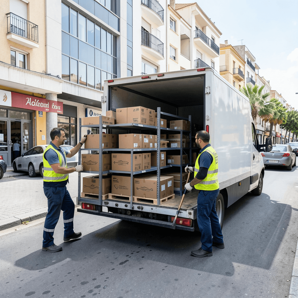 Realistic photograph of a professional moving crew transporting high-quality store shelving and boxed merchandise from a modern commercial premises into a white moving truck, bright daylight, wide shot, professional equipment, urban Alicante street background Profesionales realizando mudanzas para tiendas y negocios en Alicante con mobiliario comercial