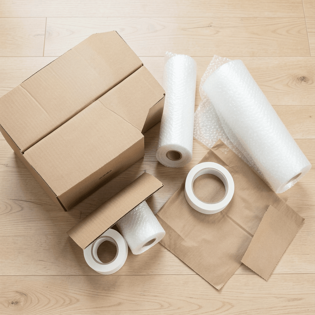 Realistic photograph of various high-quality packing materials arranged on a clean wooden floor, including double-wall corrugated cardboard boxes, rolls of bubble wrap, packing tape, and brown kraft paper, natural bright lighting, professional composition, top-down perspective. Cajas y protectores para aprender como elegir materiales de embalaje de calidad