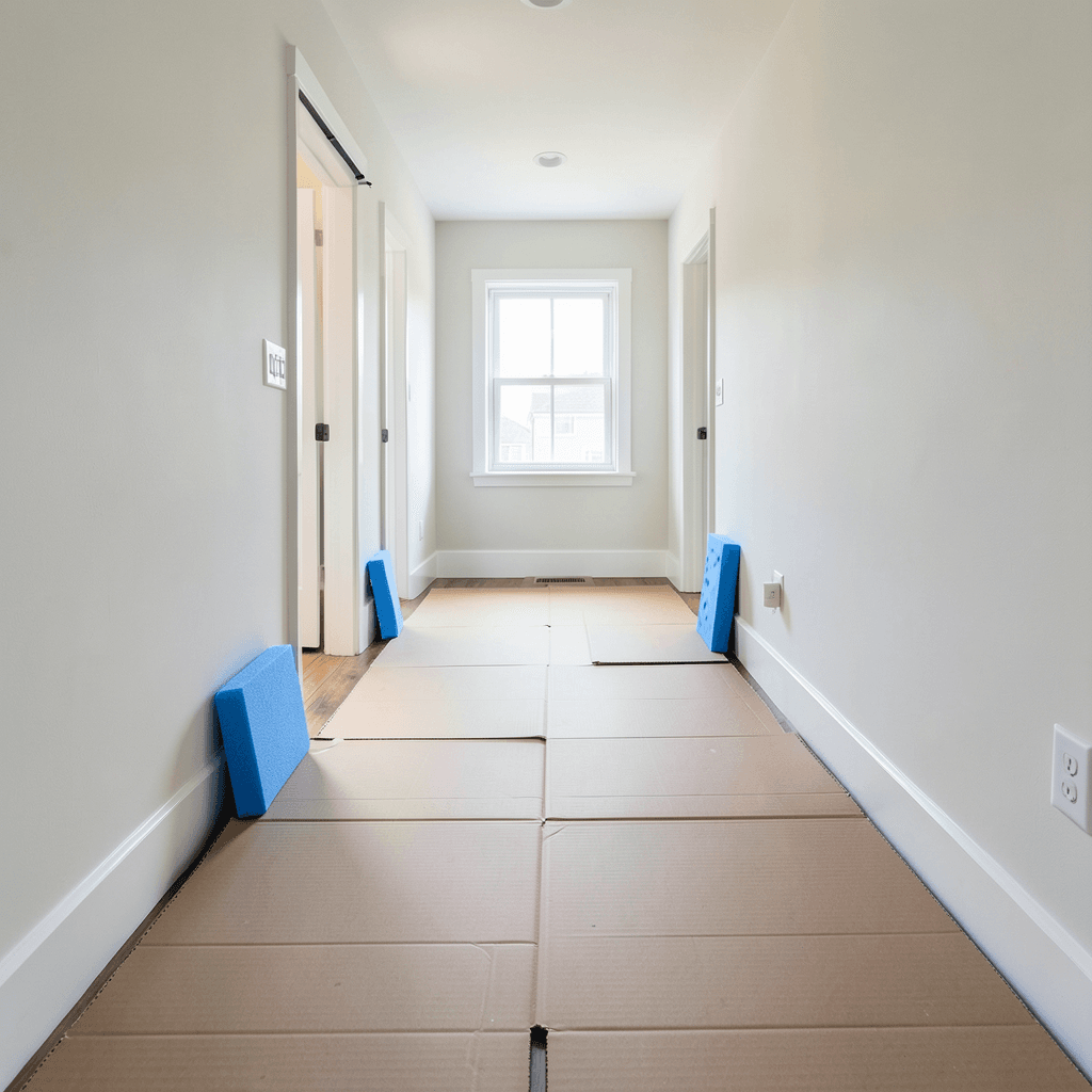 Realistic photograph of a home hallway during a move, with brown corrugated cardboard sheets covering the wooden floor and blue foam protectors placed on the wall corners, natural bright lighting, wide angle shot, professional quality Protección de suelos y paredes para saber como evitar danos en paredes y suelos durante una mudanza