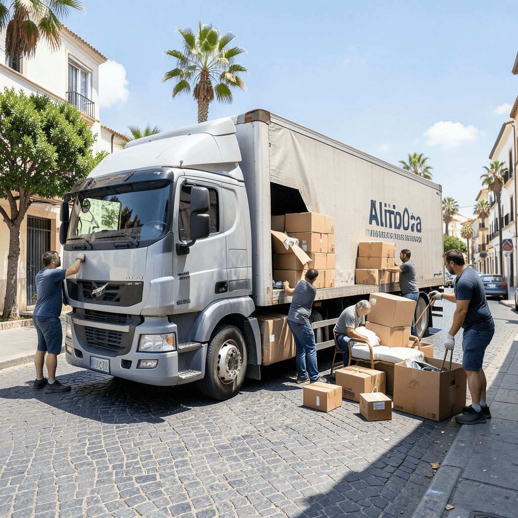 Realistic photograph of a large professional moving truck parked on a sunny street in Alicante, with movers carefully loading cardboard boxes and furniture, bright Mediterranean daylight, wide angle shot, high resolution stock photo Camión de transporte profesional siguiendo la Guia para mudanzas de larga distancia desde Alicante