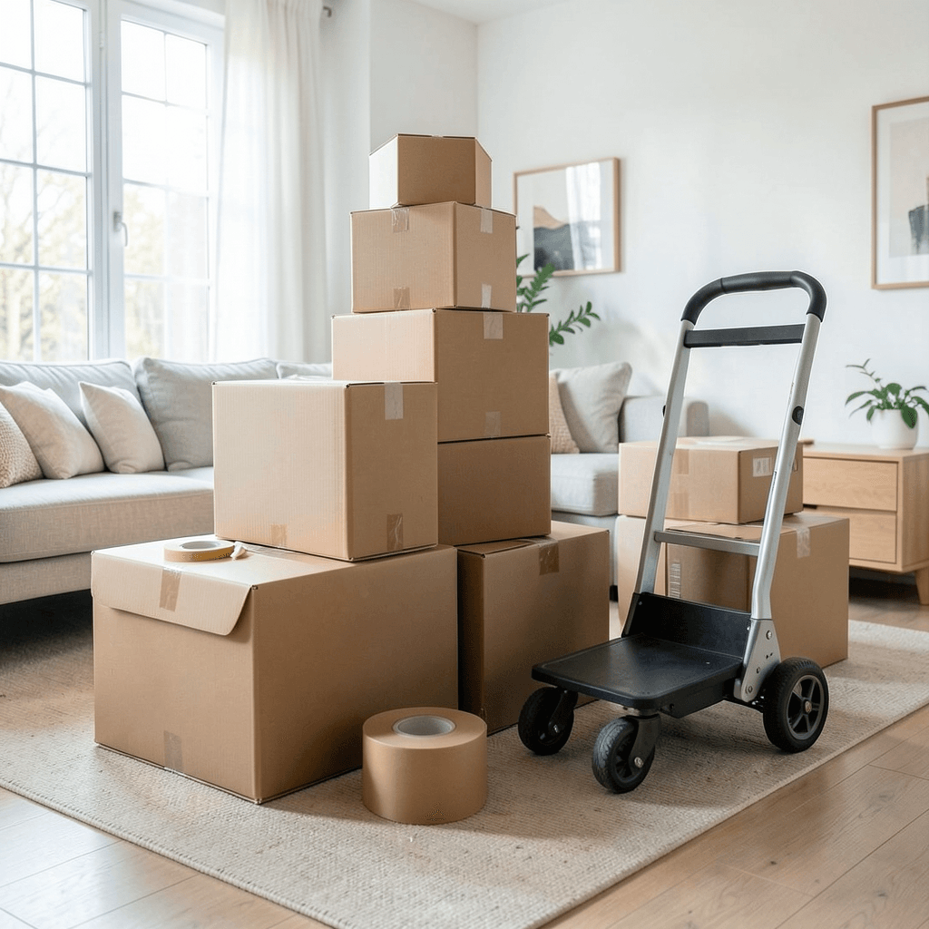 Realistic photograph of a bright living room with several high-quality cardboard boxes neatly stacked, a roll of packing tape, and a professional moving dolly, natural daylight coming through a window, wide angle shot, professional interior photography Cajas de embalaje organizadas para saber como organizar una mudanza a otra comunidad