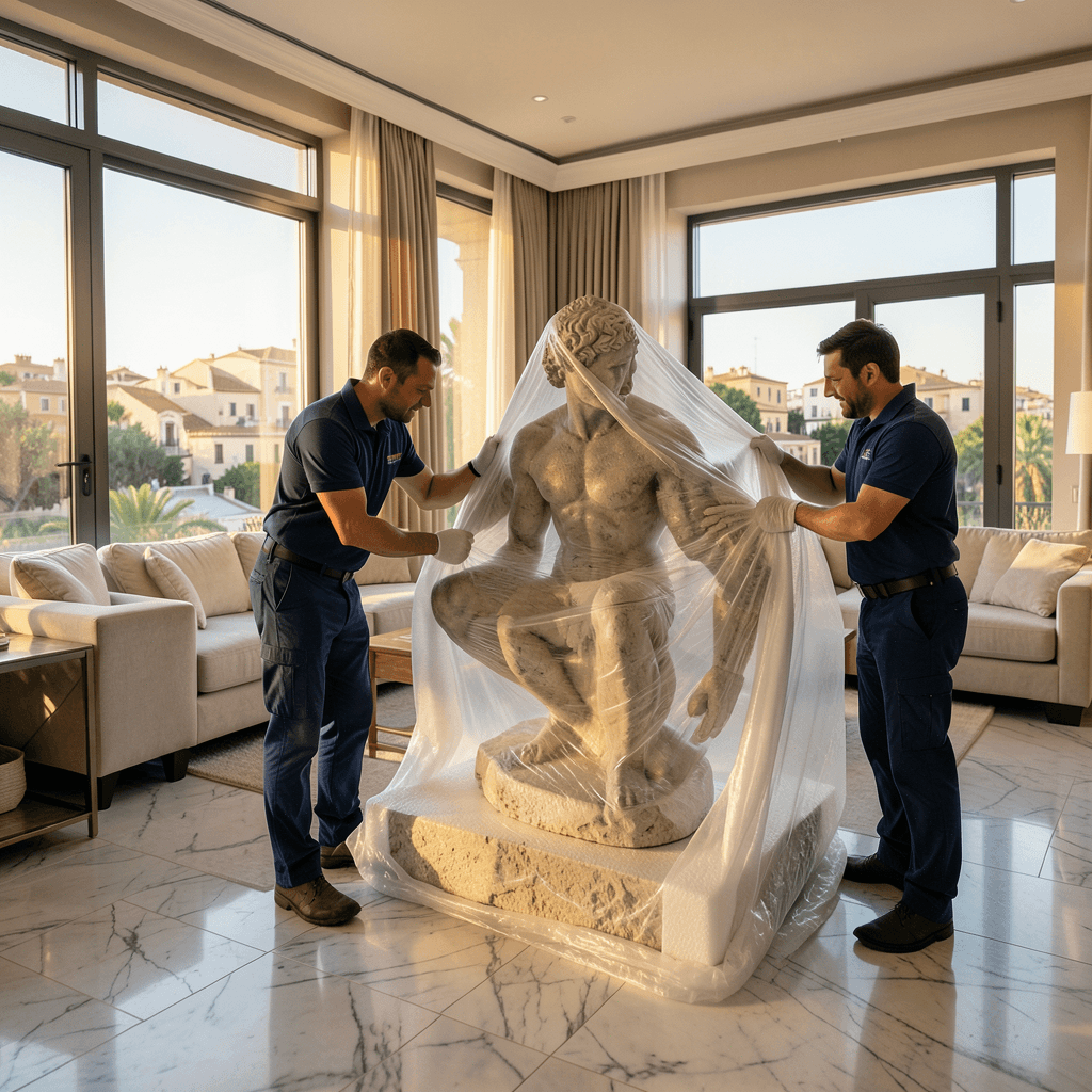Realistic photograph of a high-end luxury living room in Alicante with marble floors and large windows, where professional movers in uniforms are carefully wrapping a large antique sculpture with white protective foam and stretch film, soft natural golden hour light, cinematic composition, 8k resolution. Profesionales realizando mudanzas para viviendas de lujo en Alicante con embalaje especializado.