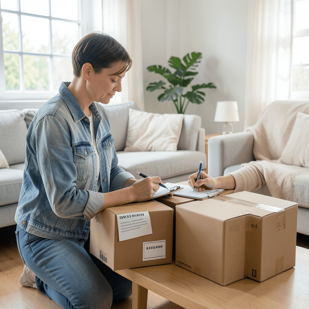 Realistic photograph of a person in a bright living room writing on a clipboard next to several neatly packed cardboard boxes with labels, soft natural light, professional composition, high resolution stock photo Persona organizando como se realiza una mudanza con inventario detallado con cajas y lista