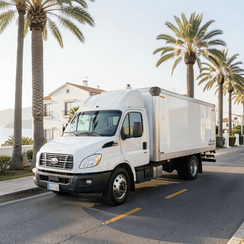 Realistic photograph of a professional moving truck parked on a sunny coastal street with palm trees and a white Mediterranean-style house in the background, soft morning light, wide angle, professional photography Camión de Mudanzas para segundas residencias en la playa frente a una casa costera