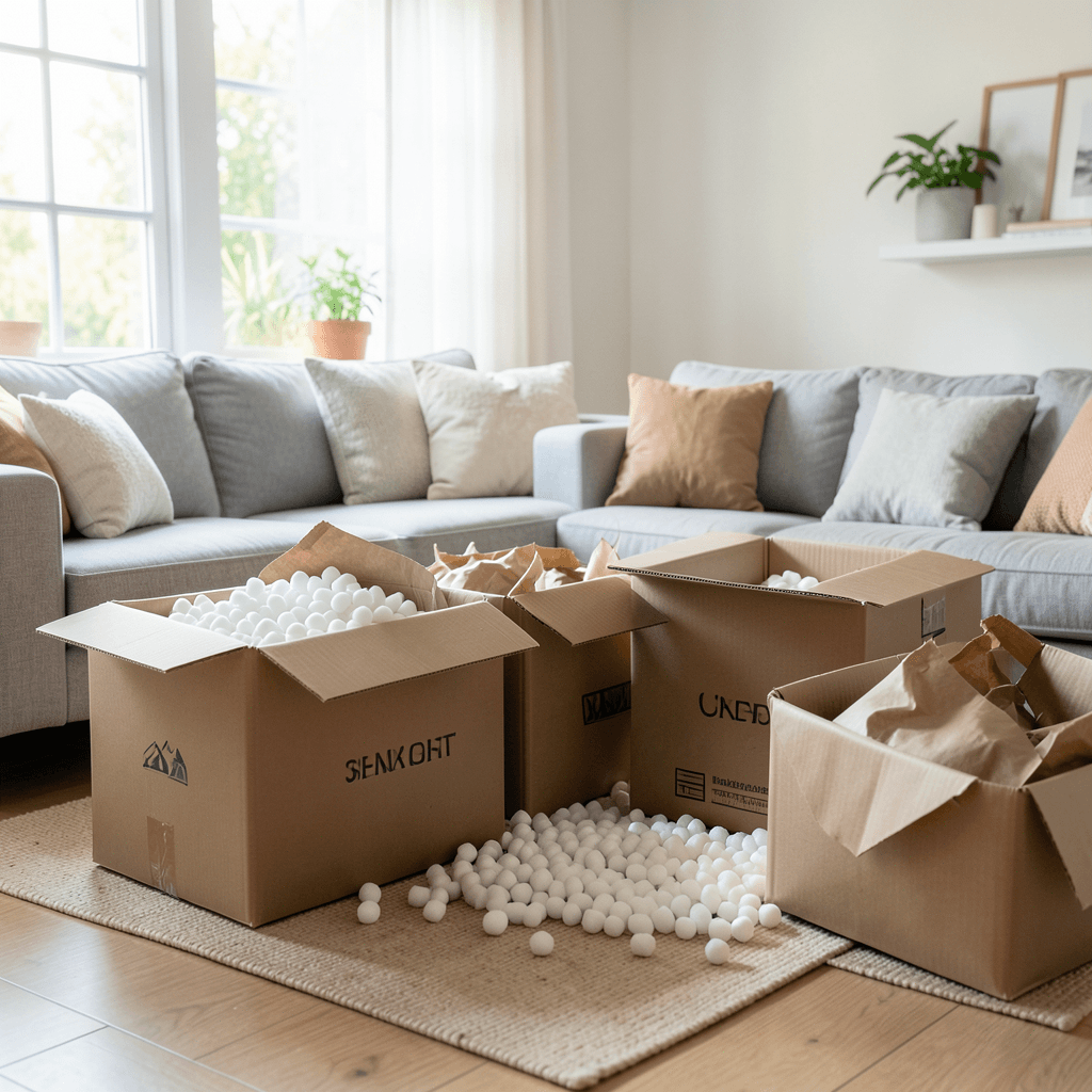 Realistic photograph of a bright living room where cardboard boxes are being packed, featuring biodegradable packing peanuts and recycled brown paper, soft natural light coming from a window, professional composition, high resolution Materiales de embalaje ecológicos para mudanzas sostenibles y como reducir residuos