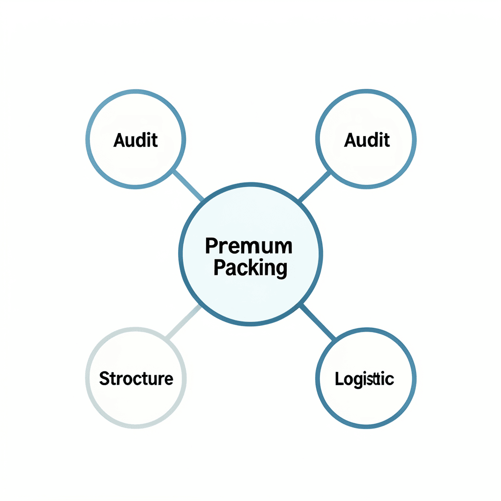 Clean modern diagram showing a central hub labeled ‘Premium Packing’ connected to 4 nodes labeled ‘Audit’, ‘Protection’, ‘Structure’, and ‘Logistics’, minimal flat design, white background, professional corporate style Diagrama profesional sobre como se gestiona el embalaje premium paso a paso