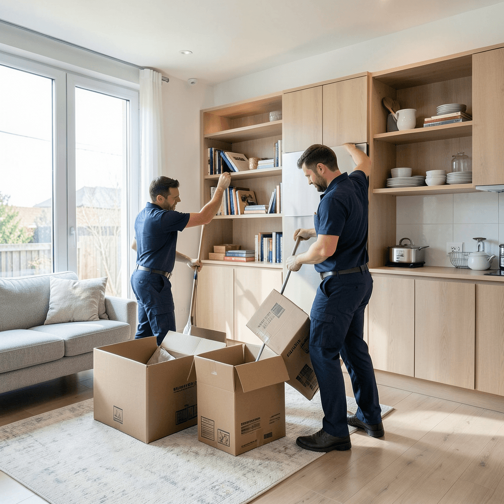 Realistic photograph of professional movers in uniforms carefully unpacking cardboard boxes in a bright, modern living room, placing books on a shelf and kitchenware in cabinets, natural daylight, wide shot, high resolution Profesionales aplicando las ventajas de contratar desembalaje completo en un hogar moderno