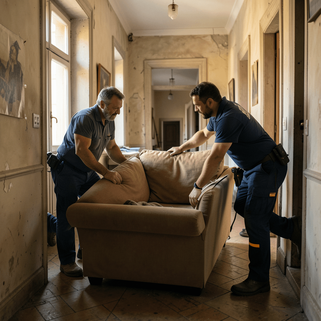 Realistic photograph of professional movers carefully maneuvering a large sofa through a narrow hallway in an old European apartment, warm natural light coming from a nearby window, medium shot showing the effort and coordination, high quality, professional photography Profesionales realizando una mudanza en viviendas con acceso dificil en un pasillo estrecho