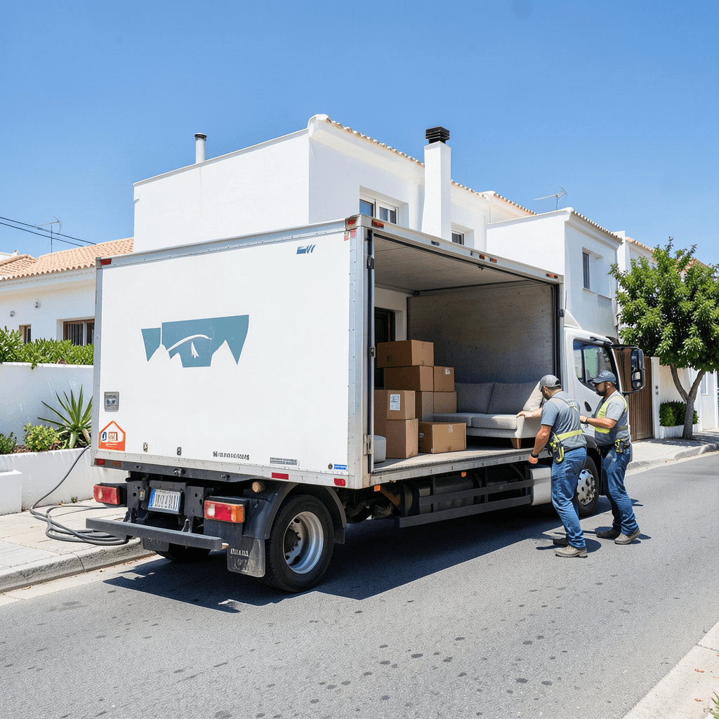 Realistic photograph of a professional moving truck parked in a sunny residential street in Alicante, with movers carefully carrying cardboard boxes and a sofa into a modern white villa, bright Mediterranean sunlight, clear blue sky, professional composition, high resolution. Camión de mudanzas para expatriados que llegan a Alicante descargando muebles en una villa.