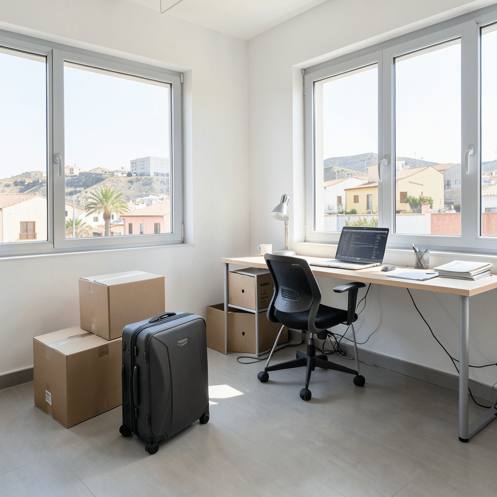 Habitación de estudiante con cajas para mudanzas para Erasmus en la Universidad de Alicante