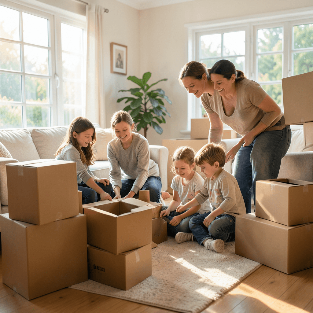 A realistic high-quality photograph of a bright, spacious living room filled with neatly stacked cardboard boxes of various sizes. A happy family with parents and three children are collaboratively organizing the space, soft natural sunlight streaming through large windows, warm domestic atmosphere, professional composition, shallow depth of field. Familia organizando mudanzas para familias numerosas y organizacion avanzada en su salón.