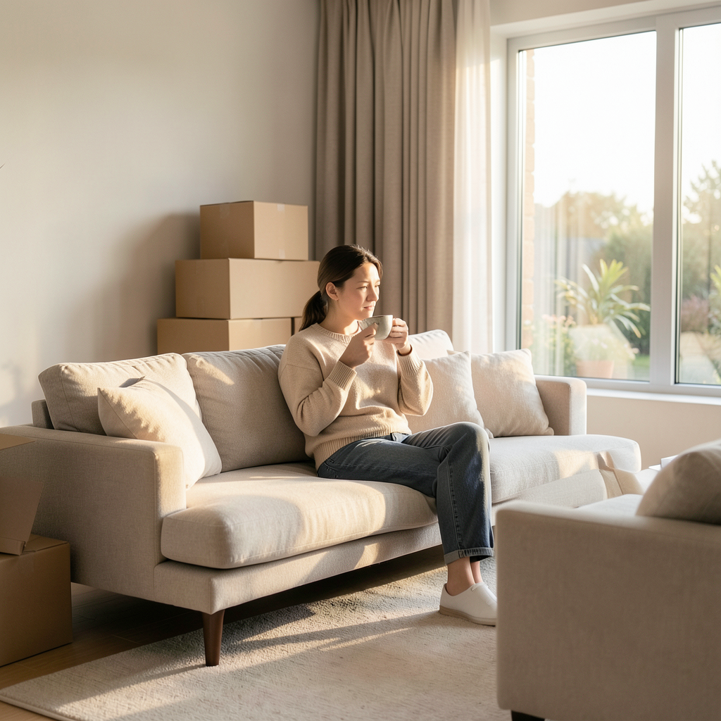 A professional high-quality photograph of a serene living room during a move. A few neatly stacked cardboard boxes are in the corner, but the center of the room is clear. A person is sitting on a comfortable sofa, drinking a cup of tea and looking calmly out a large window with soft, warm natural sunlight streaming in. The colors are neutral and calming, with soft beiges and whites. High-end interior design, shallow depth of field, peaceful atmosphere. Persona relajándose en su nuevo hogar para aprender como minimizar el estres emocional durante una mudanza