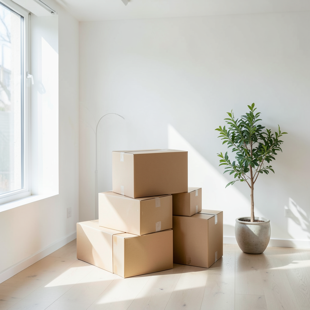 A bright, airy modern living room with a few high-quality cardboard boxes neatly stacked, a single green plant in a ceramic pot, white walls, soft natural sunlight streaming through large windows, professional interior photography, minimalist aesthetic, wide angle shot. Espacio minimalista con cajas organizadas para mudanzas y minimalismo como aprovechar para ordenar tu vida