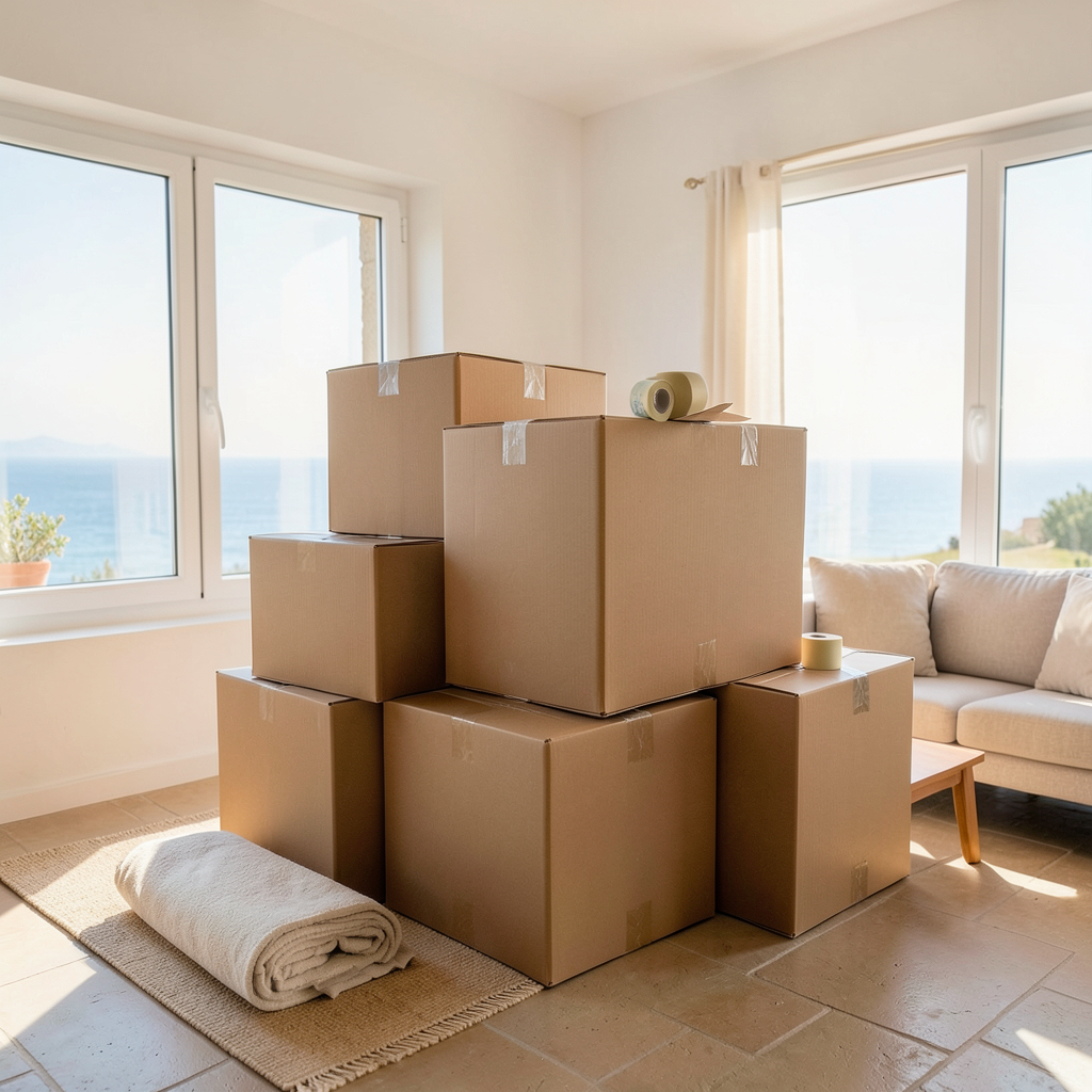 Professional photograph of neat stacks of brown cardboard moving boxes in a bright Mediterranean living room with white walls, a rolled protective blanket and a tape roll resting on top of the boxes, warm natural sunlight streaming through large windows with a glimpse of the sea, medium-wide angle, clean and organized atmosphere, warm neutral tones, realistic stock photo quality Guía completa para mudarse en Alicante: cajas de mudanza apiladas en un salón luminoso