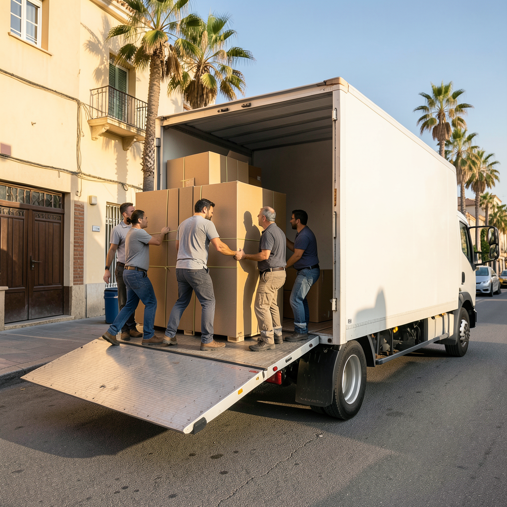 Fotografía profesional de un equipo de mudanza vistiendo equipamiento neutro cargando cajas de cartón cerradas por correas en la rampa trasera de un camión de carga completamente liso y blanco, aparcado en una calle soleada de una ciudad mediterránea con fachadas color crema, palmeras y cielo azul al fondo; luz natural cálida de media tarde, plano medio en ángulo ligeramente lateral, tonos cálidos de cartón y asfalto, ambiente de trabajo ordenado, sin ningún texto, rótulo ni etiqueta visible. Cuánto cuesta una mudanza en Alicante: operarios cargando cajas junto a un camión